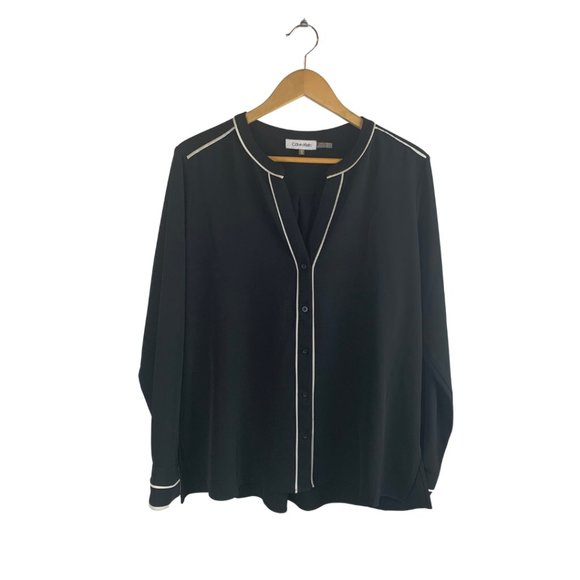 Calvin Klein Tops - Calvin Klein Pipe-Trim Black Button Down Blouse